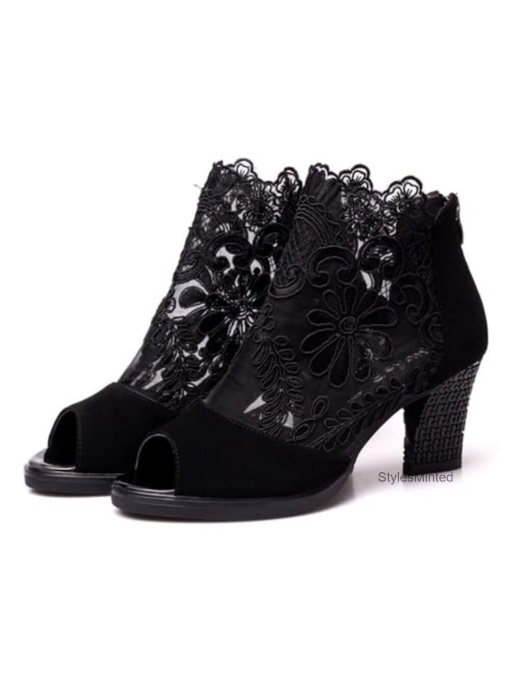 Women's Mesh Lace Peep Toe Heeled Sandals Booties Chunky Block Heel Party Shoes